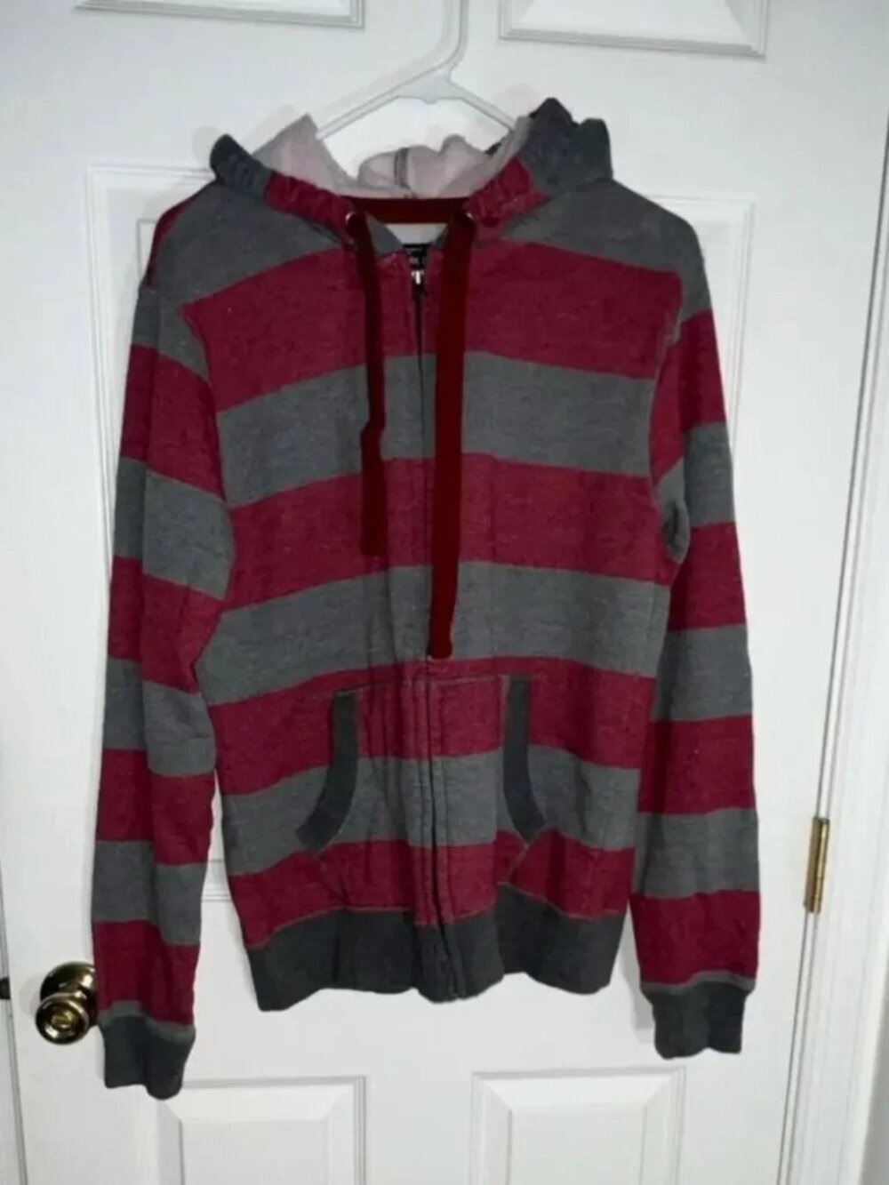 Sunday Work Clothes Men's S Striped Full Zip Hoodie Gray Red Cotton Blend